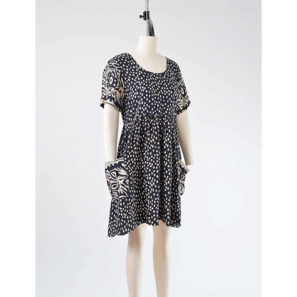 Vintage 90s Black Beige Polka Dot Boho Babydoll Dress with Pockets size S M - Picture 3 of 8